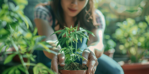 Junge Frau pflegt Cannabispflanze auf ihrem Balkon - obrazy, fototapety, plakaty