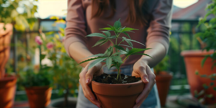 Junge Frau pflegt Cannabispflanze auf ihrem Balkon