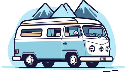 Camper Van Parked by River Vector Illustration