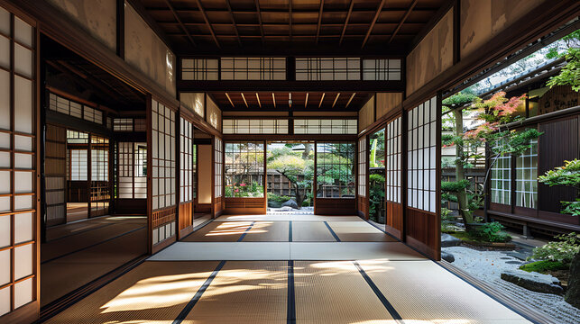 The image is a traditional Japanese house with a beautiful garden. The house is made of wood and has a tiled roof.
