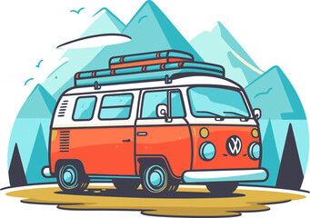 Retro Camper Van Driving Through Countryside Vector Drawing