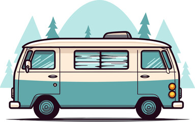 Summer Road Trip Adventure in Vintage Camper Van Vector Drawing