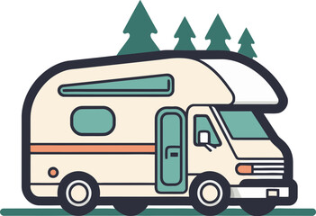 Summer Road Trip Adventure in Vintage Camper Van Vector Drawing