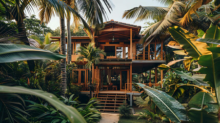 A beautiful wooden house nestled in the middle of a lush tropical jungle. The house is surrounded by lush vegetation. - Powered by Adobe