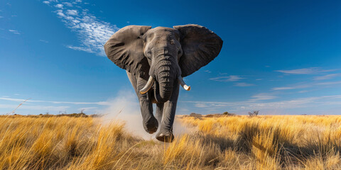 un grosso elefante che salta verso la macchina fotografica con la bocca aperta in un ringhio, lo sfondo è la steppa della Patagonia in Argentina con un cielo limpido e blu - obrazy, fototapety, plakaty