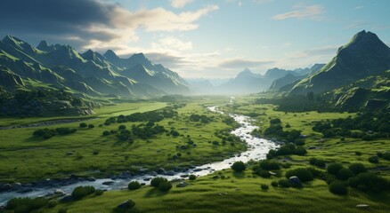 A beautiful valley with green hills and mountains