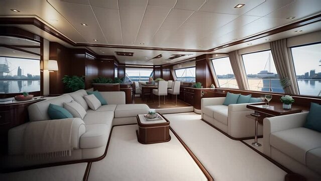modern yacht interior with white sofas and brown wooden furniture inserts with ocean views from the window