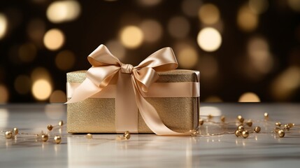 a gift box with gold wrapping and a gold bow