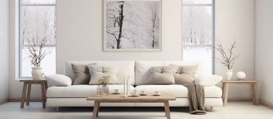 A minimalist white living room featuring a sleek white couch and a simple coffee table. The room is designed in a Scandinavian style, with clean lines and a bright, airy atmosphere.