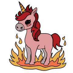 Simple vector colorful illustration for children: cute unicorn in fire