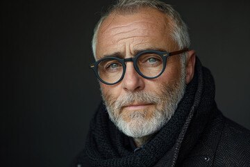 Obraz premium Silhouette portrait of a sophisticated man, gray hair, three days beard, modern black high-end fashion jacket, in minimalist dark backdrop, embodying classic elegance for a high-fashion magazine cover