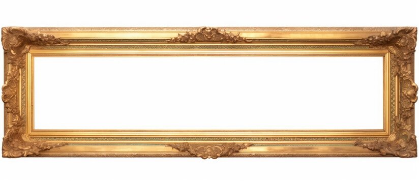 A panoramic gold frame suitable for paintings, mirrors, or photos stands out against a clean white background. The frame exudes a luxurious and elegant look, ready to enhance any artwork it encases.