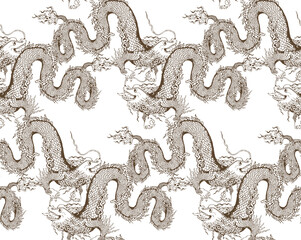 Seamless pattern with chinese motifs - unicorns, fairies and flowers.  In style Toile de Jou.