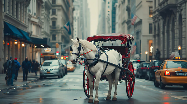 Fototapeta A lone white horse-drawn carriage stands in the middle of a busy city street. The horse is wearing a black bridle and a red harness.