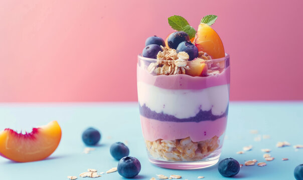 colorful peach and blueberry yogurt parfait with granola on blue and pink background