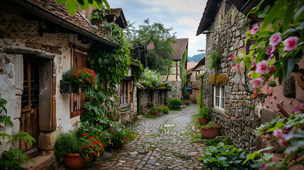Charming narrow street in a small European town with beautiful stone houses and colorful flowers in pots.