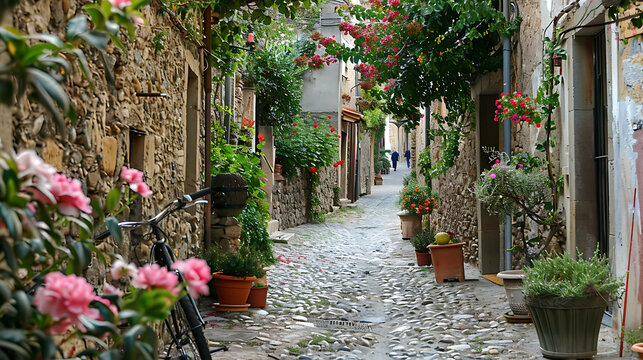 Fototapeta Charming narrow street with stone houses and colorful flowers in pots. A bicycle is parked against one of the houses.