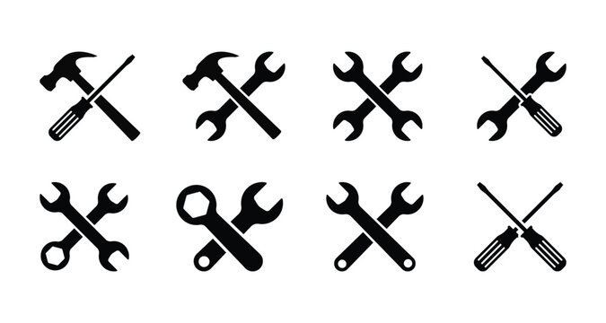 Wrench symbols, crossed wrenches vector illustration, spanner icons