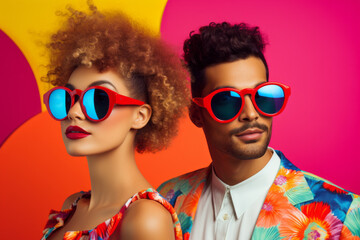 Young woman and man wearing sunglasses. Vibrant couple portrait in pop art retro style