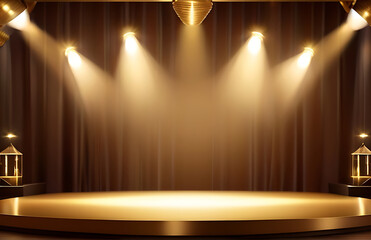Escenario con cortinas doradas iluminado, estilo 3d, fondo escenario dorado