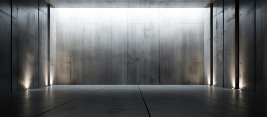 An abstract, empty modern concrete room is flooded with natural light streaming in from ceiling. The room features vertical pillars and a rough concrete floor, giving it an industrial feel.