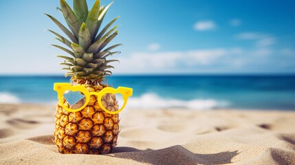 Funny anana pineapple with sunglasses on vacation on the beach near the ocean - obrazy, fototapety, plakaty