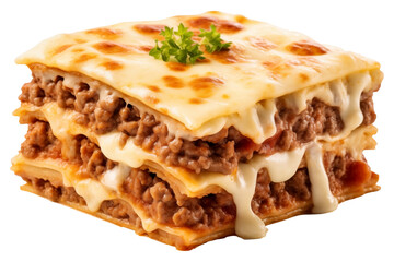 close-up to a juicy beef Lasagna PNG with flowing melted cheese and minced meat filling isolated on a white and transparent background - Food Coocking Restaurant Menu advertising