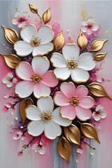 Abstract painted oil acrylic white pink cherry flowers with gold details background wallpaper texture on canvas