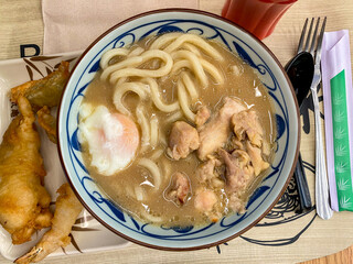 A bowl of chicken paitan, a Japanese chicken dish served with udon noodles and a broth