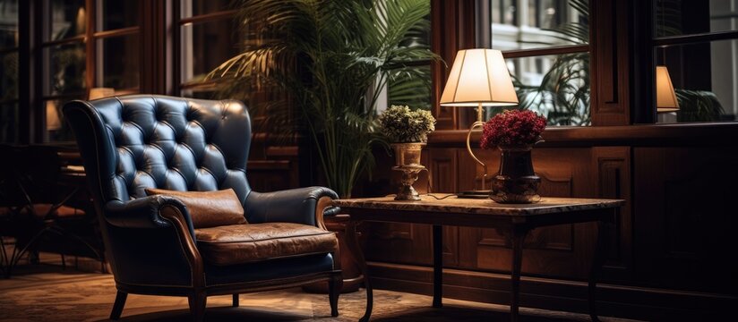 A cozy chair and a table are placed in a luxury hotel lounge. The stylish furniture arrangement enhances the ambience of the room, creating a welcoming and sophisticated atmosphere.
