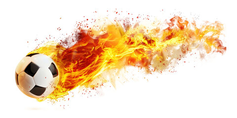 Soccer ball flying on fire isolated on transparent background.