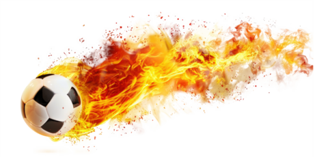 Soccer ball flying on fire isolated on transparent background.
