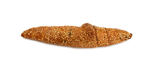 Salty croissant pastry with olives isolated on white background