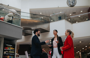 Three professional individuals share a moment of laughter in a lively mall setting, depicting...