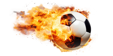 Soccer ball flying on fire isolated on transparent background.
