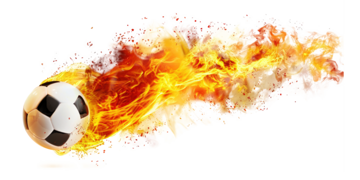 Soccer ball flying on fire isolated on transparent background.