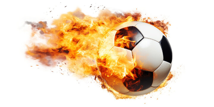 Soccer ball flying on fire isolated on transparent background.