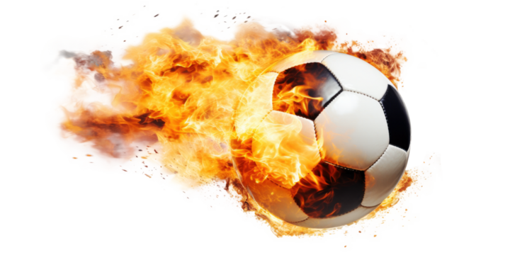 Soccer ball flying on fire isolated on transparent background.