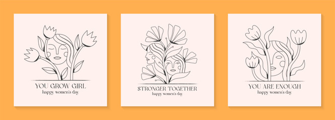 Girly vector illustrations with woman faces.Stylish prints for t shirts,posters,cards with flowers.Linear black and white concepts.Feminism quote and woman motivational slogans.Women's day greetings