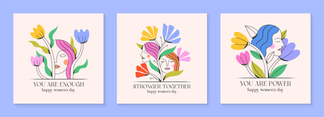 Fototapeta na wymiar Girly vector illustrations with calm woman faces;stylish print for t shirts;posters;cards and banners with flowers.Feminism quote and woman motivational slogans.Women's day concepts.