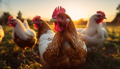 a group of chickens on a field at sunset - obrazy, fototapety, plakaty