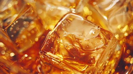 Amber Elegance of Whiskey with ice cubes catches the golden light