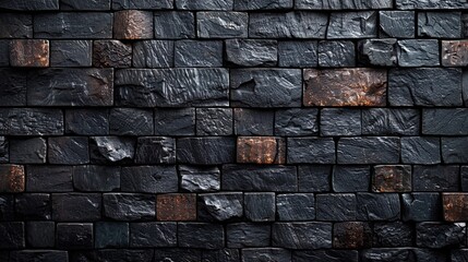 Black Stone Wall With Brown and White Bricks - obrazy, fototapety, plakaty