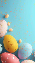 Fototapeta na wymiar Vibrant Easter eggs adorned with polka dots scattered amidst a flurry of confetti on a cheerful blue background