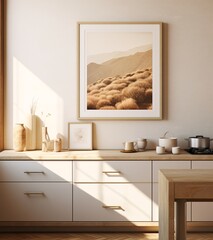 a white landscape mockup of an a4 poster on the kitchen counter