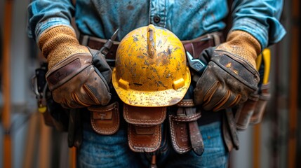 Construction Worker in Hard Hat and Gloves