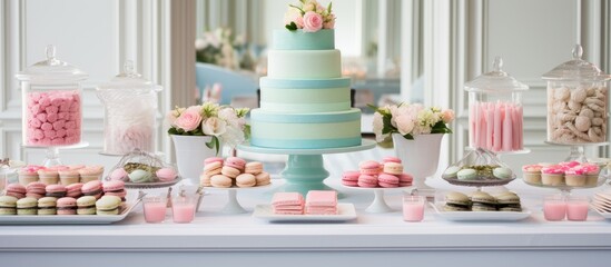 A dessert table filled with a beautiful wedding cake and an assortment of candy and baked goods. The perfect addition to any event or wedding ceremony supply © The 2R Artificiality