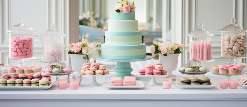 A dessert table filled with a beautiful wedding cake and an assortment of candy and baked goods. The perfect addition to any event or wedding ceremony supply