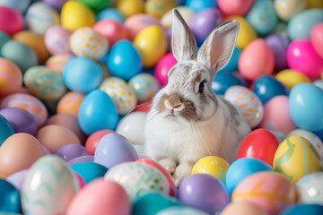 Fototapeta na wymiar Bunny and painted Easter eggs - Generative AI
