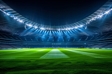 Empty grass field and illuminated outdoor soccer stadium - AI Generated